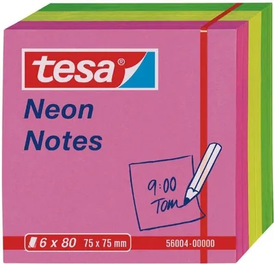 Produktbild von Haftnotizen tesa Neon Notes 75x75mm 6x80 Blatt pink/gelb/grün Packung mit 40 Stück