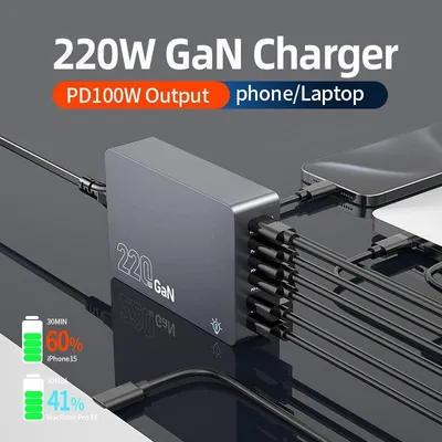 Produktbild von 220 W GaN-Ladegerät USB C Fast Desktop 6-Port USB Typ C PD-Ladegerät Schnellladung 3.0 USB Typ C Schnellladegerät