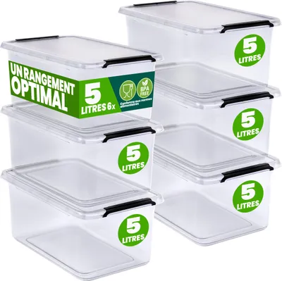 Image de DEUBA® 6x Boîte de rangement 5L en plastique transparent empilable sans BPA gain de place caisse de rangement organiseur