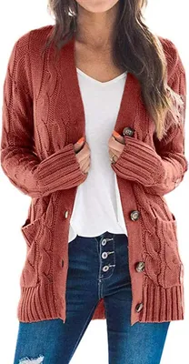 Produktbild von ASKSA Damen Strickjacke Strickpulli Langarm mit Taschen Knopf Pullover Casual Einfarbig Strickmantel, Rot, XL