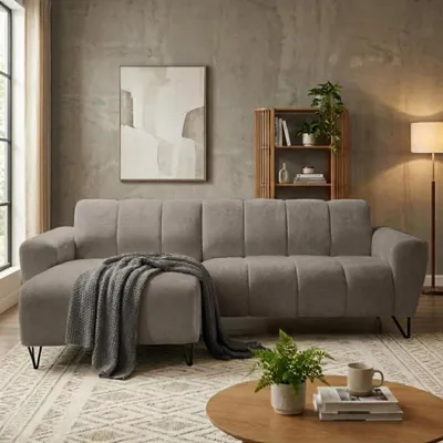 Produktbild von Ecksofa VOLARE MINI L-Form, Ottomane links, Chenille Storm in Kühles Beige, Sofa ohne Schlaffunktion, dekorative schwarze Metallbeine