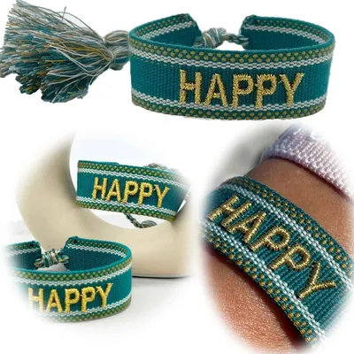 Produktbild von LS-LebenStil Canvas Statement Armband Happy Petrol Grün Gold besticktes Stoffarmband gewebt textiles Quasten Spruch Boho Geschenk Freundschaftsarmband