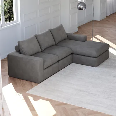 Produktbild von Boneless Couch with Chaise, L-förmiges modernes gepolstertes Sofa aus Cord mit drei Kissen, Cord-Sofa für Wohn- und Schlafzimmer, keine Montage erforderlich