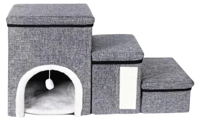 Image de Escalier pour animaux de compagnie - Escalier pour chiens et chats à 3 marches - Pliable - Avec espace de rangement - Verrouillable - Antidérapant - Pour les petits animaux et les animaux âgés