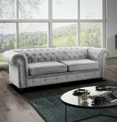 Produktbild von Easy4You Chesterfield Silber Velvet 3-Sitzer Sofa 225x74x88 cm Sofas für Wohnzimmer Sofagarnituren mit Holzfüße Set Sofas & Couches