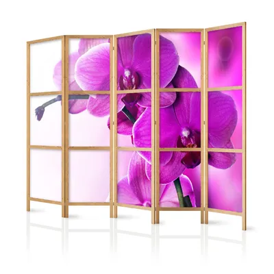 Produktbild von Paravent XXL Blumen Orchidee 225x171 cm - 5-teilig - Deutsches Qualitäts Vlies - Leinwand - eleganter Sichtschutz - Raumteiler - Trennwand - Raumtrenner - Holz - Weiß - Deko - Japan b-B-0400-z-c