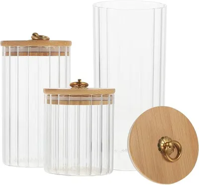 Imagen del producto de 3 frascos de almacenamiento de vidrio: uno de 1150 ml, uno de 550 ml y uno de 850 ml, todos con tapas de bambú