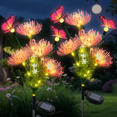 2 LED-Solarleuchten Blume & Schmetterling, mehrfarbig, IP65, Metall/Kunststoff