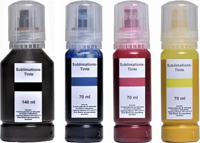 Produktbild von 350 ml Sublimationstinte black, cyan, magenta, yellow für Epson Ecotank 103, 104 - ET-L3110, ET-L3150, ET-L3151, ET-L3156, ET-L5190, ET-1810, ET-2710, ET-2711, ET-2712, ET-2714, ET-2715, ET-2720, ET-2721, ET-2726, ET-2810, ET-2811, ET-2812, ET-2814, ET-2815, ET-2820, ET-2821, ET-2825, ET-2826, ET-4700, ET-4800, ET-8500, ET-8550