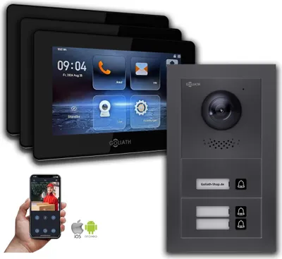 Produktbild von Goliath IP Video Türsprechanlage: 7-Zoll 3-Familienhaus, Smartphone App, Anthrazit : Unterputzdose : 7 Zoll in Schwarz Monitor Auswahl: 7 Zoll in Schwarz Türklingel Montagedose: Unterputzdose