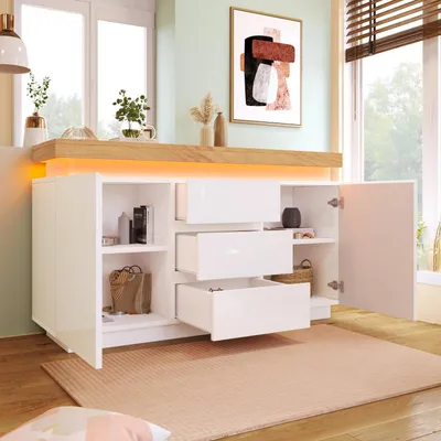 Obrázok produktu pre Komoda, biela, vysoký lesk, šírka 140 cm, s LED osvetlením a ovládaním cez aplikáciu