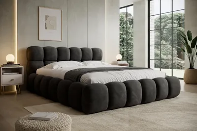 Productafbeelding van Gestoffeerd boxspringbed NUVIO, 180x200 cm – Stof VELUTTO – Fluweel – Gestoffeerd designbed – Donkergrijs – 180x200x87 cm