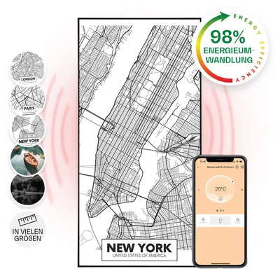 Produktbild von Klarstein Infrarotheizung mit Thermostat, 700W Elektroheizung, Smart Home Bild-Infrarotheizung zur Wandmontage, IR mit IoT/WiFi App-Control, Feuchtraum Flach-Heizkörper, CO2-Freie Wand Heizung