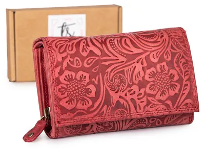 Produktbild von Ekavale Große Damen Geldbörse Echt Leder mit Blumenprägung RFID Portemonnaie Rot