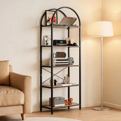 Immagine prodotto di Libreria ad arco, scaffalatura a 5 ripiani, metallo/pannello truciolare, colore nero, altezza 180 cm