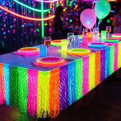Produktbild von 2 Neon-Lametta-Vorhänge, 270 x 60 cm, fluoreszierende Partydekorationen