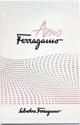 The image shows the front of a perfume box for Salvatore Ferragamo Amo Ferragamo Eau de Parfum.