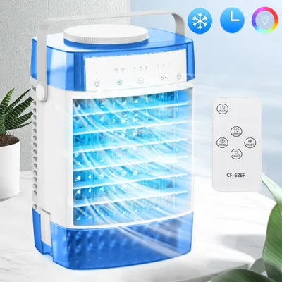 Zdjęcie produktu dla Mini klimatyzator 4 w 1, przenośny cichy klimatyzator, wentylator z chłodzeniem wodnym 2 tryby 3 prędkości Timer Światło RGB do pokoju kempingowego, niebieski