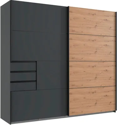 Image de Armoire à portes coulissantes Saigon avec tiroirs 225 x 64 x 208 cm, couleur au choix : graphite / chêne Artisan
