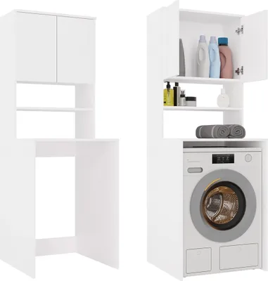 A white bathroom cabinet with shelves and a washing machine.