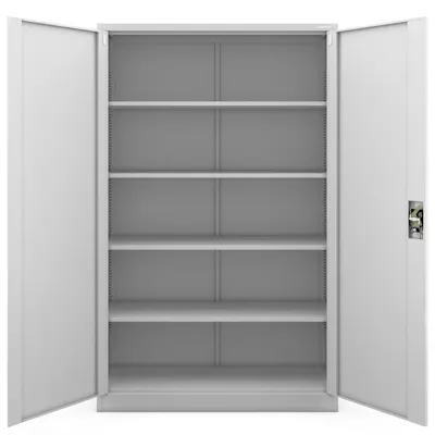 An empty, open metal filing cabinet with multiple shelves.