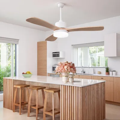 Image de Ventilateur de plafond INONEFT de 106 cm avec éclairage et télécommande, 3 pales, moteur DC ultra silencieux, 6 vitesses, éclairage LED dimmable, couleur bois naturel