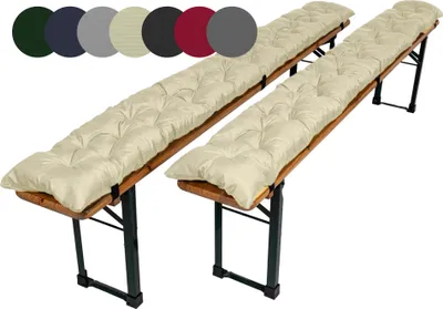 Two beige tufted bench cushions are placed on wooden benches against a white background.