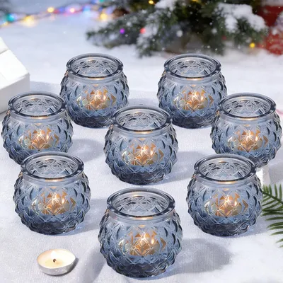 Produktbild von 12 Glas-Teelichthalter, blaue Kerzenständer für Teelichter, geeignet als Tischdekoration für Hochzeiten und Wohnaccessoires (blau)