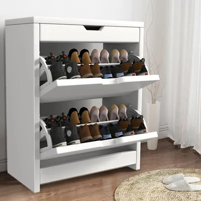 Image de Armoire à chaussures étroite - Modèle N190 - Deux compartiments basculants - Étagères réglables - Design étroit et peu encombrant - Pour le couloir ou l'entrée - Blanc