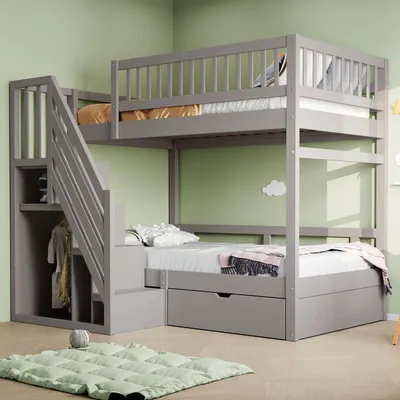 Immagine prodotto di Letto a castello 90x200 cm in legno massello, colore grigio, con scaletta e spazio contenitivo