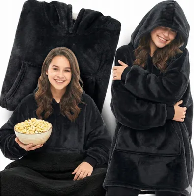 Produktbild von Kuschelige Hoodie Decke mit Ärmeln - Vielseitiger Deckenpullover - für Damen und Herren - Schwarz - Übergröße - Waschbar - Kuscheldecke