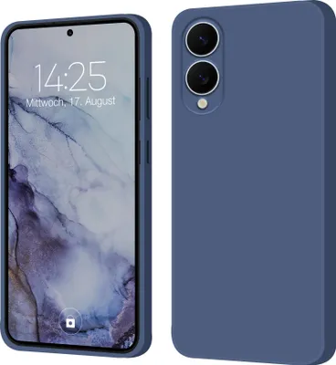 A product image showing a smartphone case in lavender blue, with a split view of the front and back of the case.