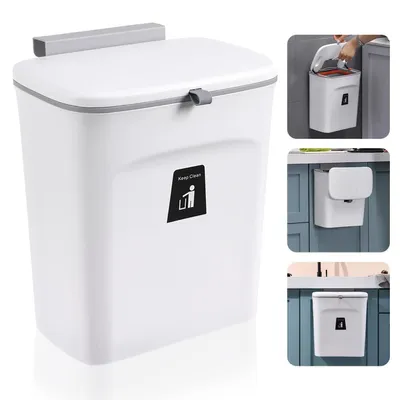 Immagine prodotto di Contenitore per rifiuti sospeso con coperchio, 9 litri, per cucina o bagno, montaggio a parete, colore bianco