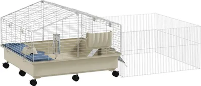 Zdjęcie produktu dla Mała klatka dla zwierząt z kojcem, klatka dla królika, mała klatka dla zwierząt z butelką na wodę, karmienie sianem, miska na karmę, rampa klatka dla gryzoni z kółkami dla świnek morskich i jeży biała