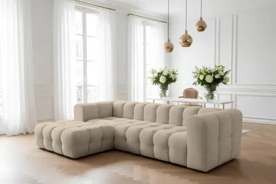Produktbild von Ecksofa Designersofa SOLVIE in Stoff Moly Beige Ottomane Links
