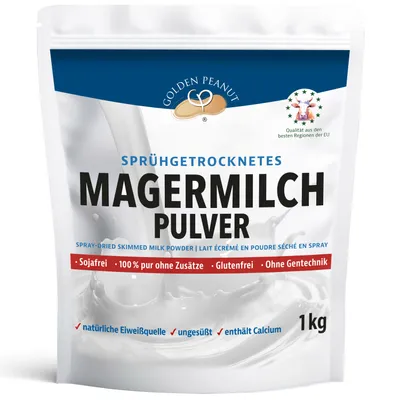 Produktbild von GOLDEN PEANUT Magermilchpulver 1 kg - fettarm sprühgetrocknet, lange haltbare Magermilch, Frischmilch Ersatz, Eisherstellung, Herkunft EU