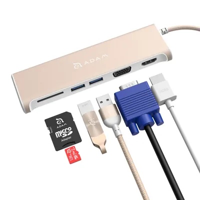 Produktbild von Adam Elements Casa Hub A03, USB 3.2 Gen 1 (3.1 Gen 1) Type-C, HDMI, USB 3.2 Gen 1 (3.1 Gen 1) Type-A, VGA, SD, SDHC, SDXC, 5000 Mbit/s, Gold, Aluminium