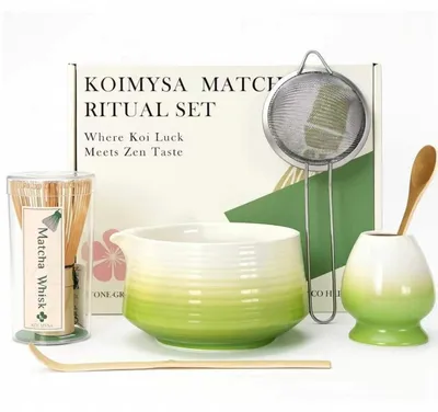 Produktbild von Matcha Set Keramikschale Bambusbesen Löffel Sieb für Teezeremonie Grün