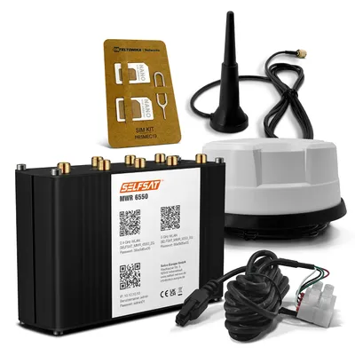A product shot of a SELFSAT MWR 6550 5G Cat 20 WiFi 6 WLAN Router with accessories.