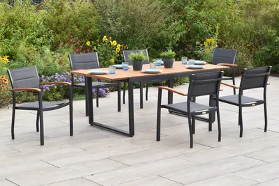 Produktbild von Merxx Gartenmöbel Set Paxos 7tlg., 6 Stapelsessel, Ausziehtisch 150 (200) x 90 cm- Aluminium/Textil/Akazie