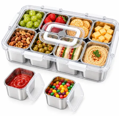 Snackbox mit Deckel, 8 Edelstahlfächer, luftdicht, BPA-frei