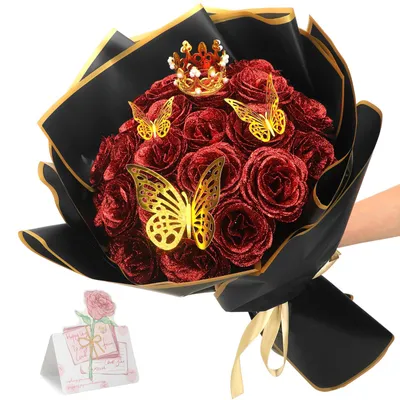 Image de Bouquet de 24 roses pailletées, bouquets de roses artificielles, bouquets de fleurs artificielles à réaliser soi-même avec des paillettes et une couronne, parfaits comme cadeau pour un anniversaire de mariage, des fiançailles, un anniversaire ou la fête des Mères.
