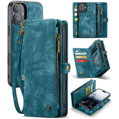 A collage of images showing a teal iPhone case with wallet and zipper features from different angles.