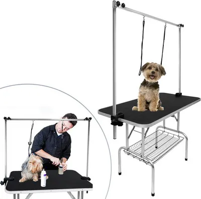 Image de LARS360 Table de tonte pour animaux de compagnie Table de soins pour chiens réglable en hauteur Table de soins pour animaux pliable avec panier inférieur, 113 x 60 cm , jusqu'à 100 kg