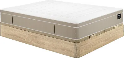 Produktbild von Set 180 x 200 cm mit Bettkasten  in hellem Naturton + Hybridmatratze mit 7 Taschenzonen und thermoelastischem Gel, Stärke 28 cm – CIREVA von YSMÉE