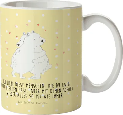 Produktbild von Mr. & Mrs. Panda Plastikbecher Eisbär Umarmen - Gelb Pastell - Geschenk, Reisebecher, Lustige Sprüche, Trinklernbecher, Mehrwegbecher, Haferl, Camping Tasse