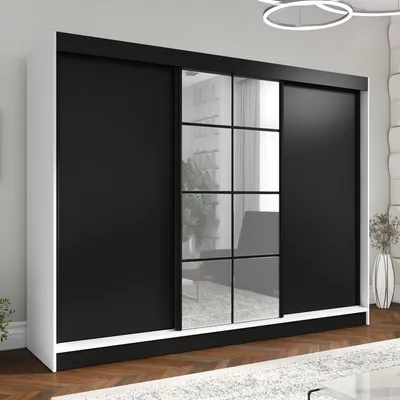 Produktbild von Oravelle 200 cm Weiß / Schwarz 2, 3-türiger Kleiderschrank mit Spiegel, 4 Schubladen und Kleiderstangen – Funktionalität und Eleganz!
