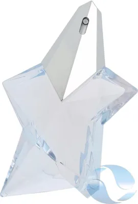 A clear, star-shaped glass perfume bottle.