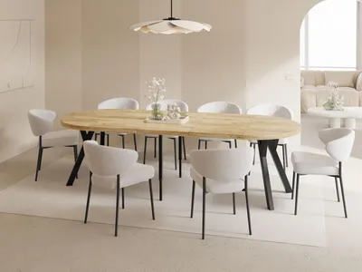 Produktbild von Esstisch Rund Groß XXL Ausziehbar im Loft-Stil – 100 bis 250 cm – Extra Lang Ausziehtisch mit Schwarzen Holzbeinen, Industrieller Tisch für 5-14 Personen – Esszimmertisch – Eiche Hell Braun