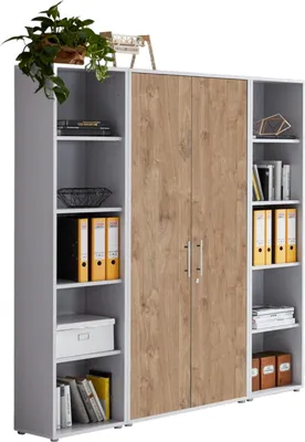 Produktbild von Aktenschrank TABOR 3 in lichtgrau / Gold Harbor Oak, Schrankwand, Büroschrank, abschließbar, Metallgriffe